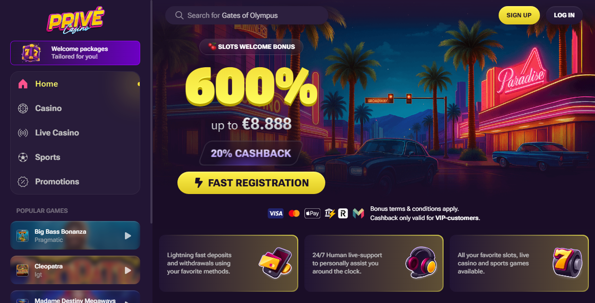 Prive Casino Zrzut ekranu na komputer